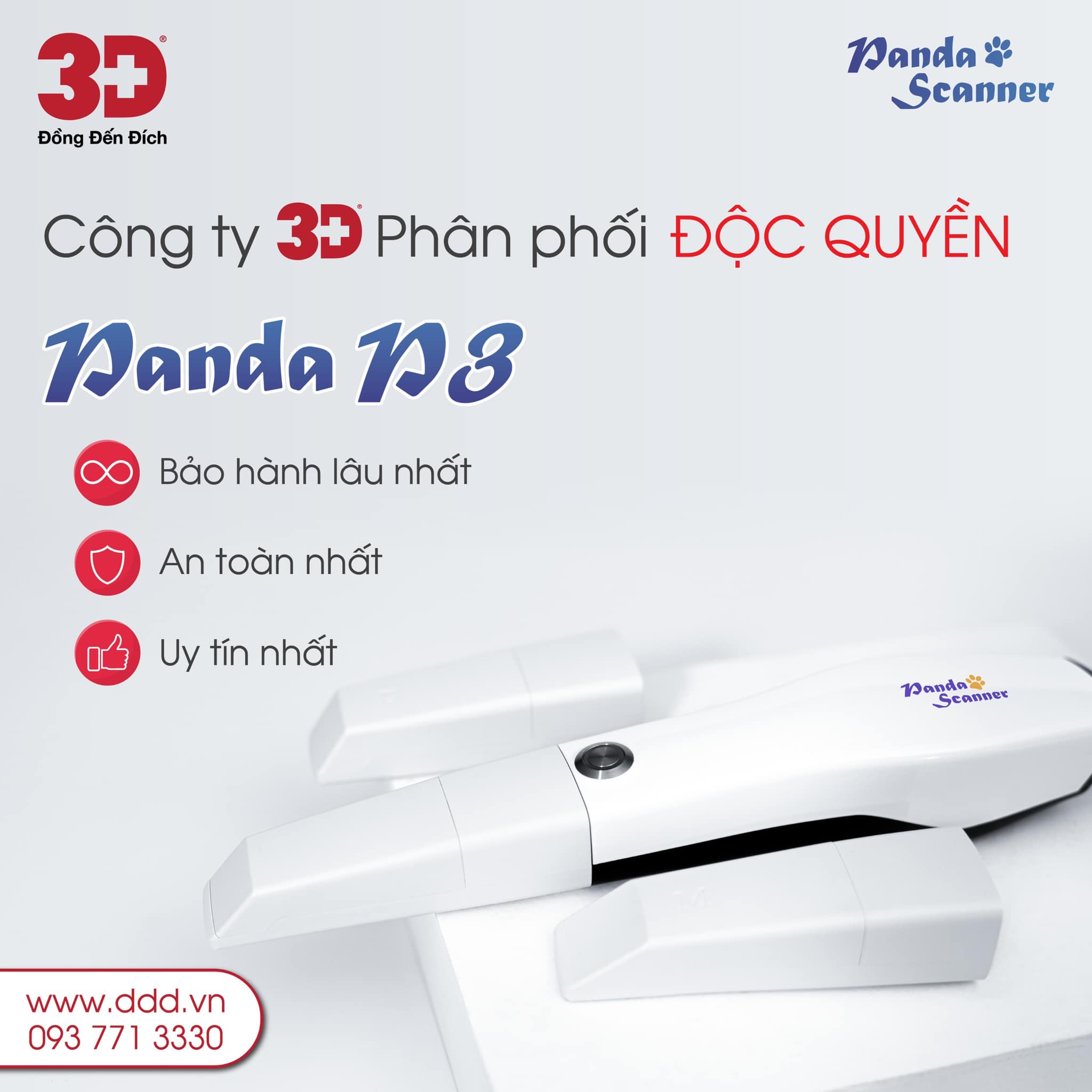Text: Công ty 3D Phân phối độc quyền Panda P3. Bảo hành 2 năm lâu nhất thị trường / An toàn nhất / Uy tin nhất
