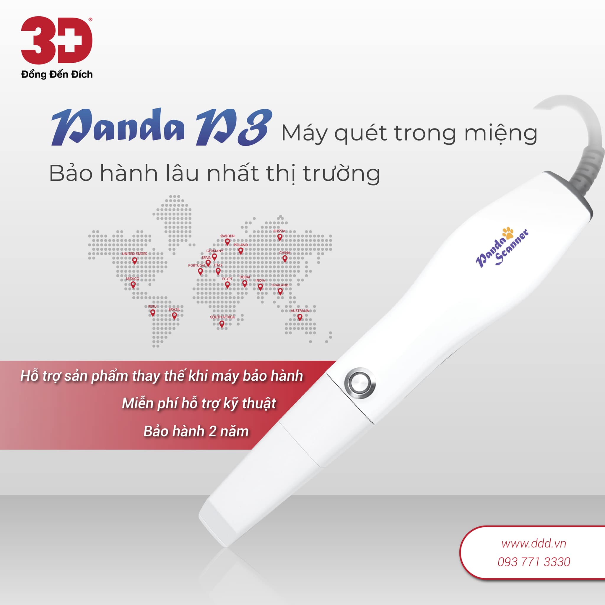 text: Công ty 3D Phân phối độc quyền Panda P3. Bảo hành 2 năm lâu nhất thị trường / Miễn phí hỗ trợ kỹ thuật / Hỗ trợ sản phẩm thay thế khi máy bảo hành